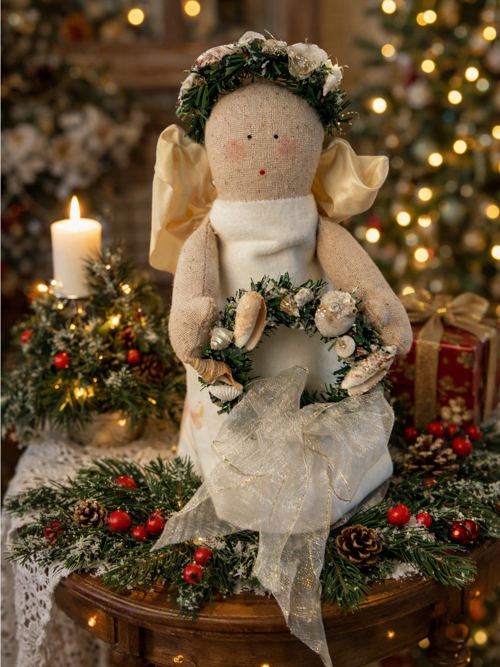 Natalie Silitch Handcrafted Fabric Angel with Green Wreath folk art Christmas